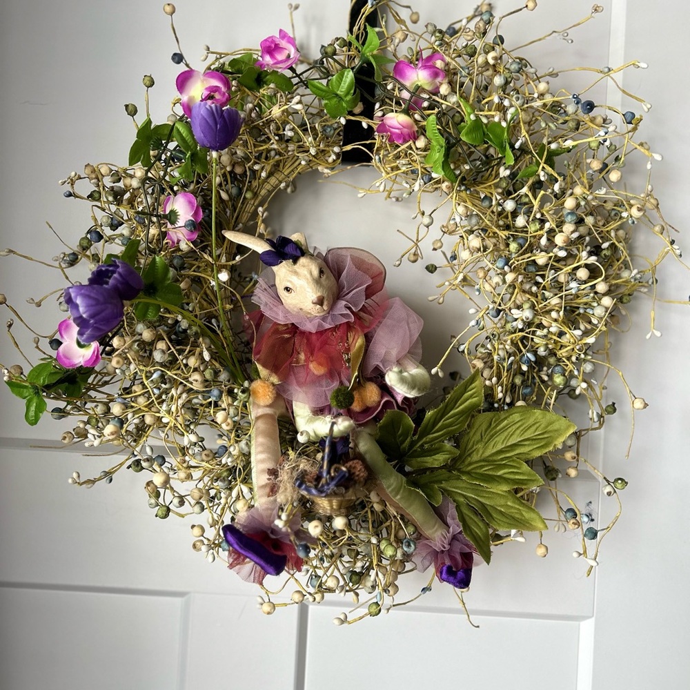 Floral Easter Wreath with Bunny - Purple and Green berries and faux  flowers